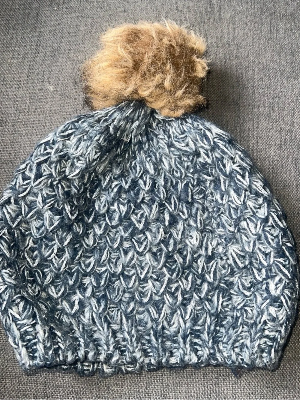 Kids Navy Marled Knit Pom Hat with Faux Fur Pom